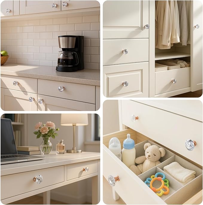 DEELF 12 Packs Kitchen Cabinet Knobs, 40 mm Crystal Cabinet Knobs, Diamond Dresser Handle Drawer Pulls, Dresser Knobs for Cabinets and Drawers, Rose Gold Base