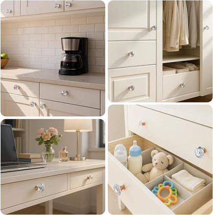 DEELF 12 Packs Kitchen Cabinet Knobs, 40 mm Crystal Cabinet Knobs, Diamond Dresser Handle Drawer Pulls, Dresser Knobs for Cabinets and Drawers, Rose Gold Base
