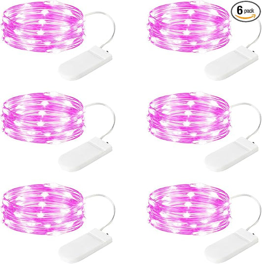 6 Pack LED Fairy Lights 7ft Battery Powered Waterproof, Silver Wire 20 Led Pink Mini String Mason Jar Lights for DIY Wedding Party Bedroom Patio Easter Christmas