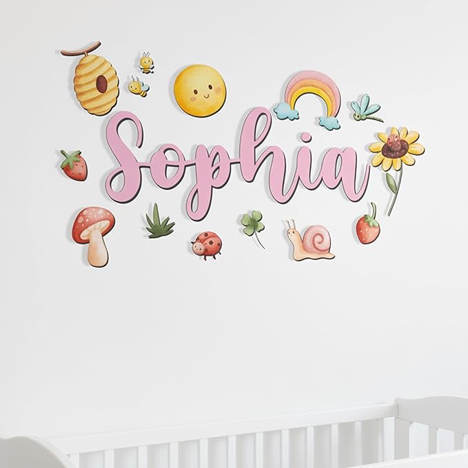 Custom Nursery Name Sign with Themed Decor Kit | Personalized Wooden Wall Art for Baby, Kids Room | Space, Jungle, Circus, Under the Sea, Woodland, Rainbow (10", Rainbow/Nature)