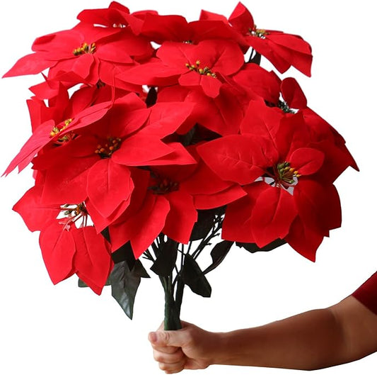 3 Pack Christmas Artificial Poinsettia Flowers Stem Bouquets Outdoors with 15pcs 8.2 Inch Red Poinsettia Flowers Heads for Christmas Tree, Xmas Garland, Vase, Window Box, Porch Home Decorations