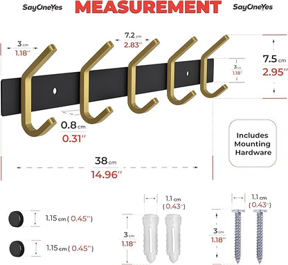 Coat Rack Wall Mount – Black and Gold Hook Rail with 5 Double Coat Hooks, 15 Inch Stainless Steel Wall Hooks for Entryway, Bathroom, Bedroom, Closet, Towel, Hat, Bag, Heavy Duty Organizer