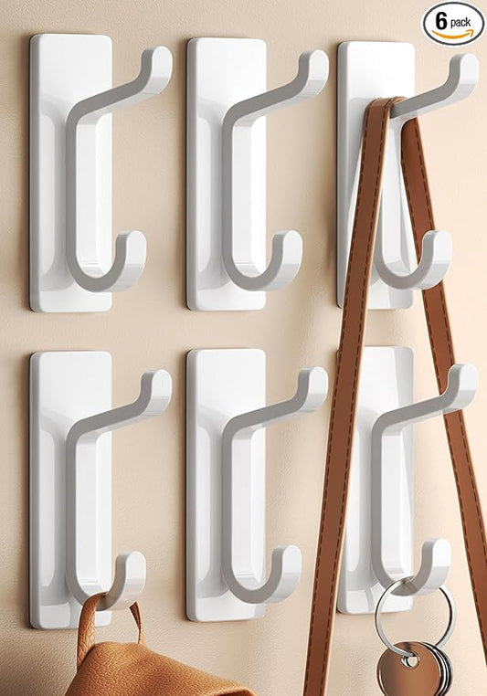 pickpiff Wall Hooks for Coat and Towel: 13LB Adhesive Door Hanger Stick on, White 6 Pack