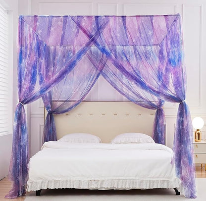 Mengersi Tie Dye Canopy Bed Curtains with Lights,Gradient Ombre Bed Canopy for Girls,Princess Bed Drapes for Girls Room Decor(Queen,Purple)