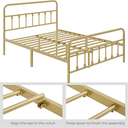 Yaheetech Classic Metal Platform Bed Frame Mattress Foundation with Victorian Style Iron-Art Headboard/Footboard/Under Bed Storage No Box Spring Needed Full Size Antique Gold
