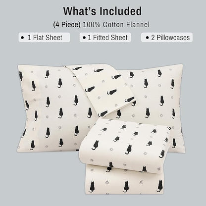 RUVANTI Flannel Sheets Split King Size - 100% Cotton Brushed Split King Bed Sheets Set, Deep Pockets 16 Inches, All Seasons Breathable & Extra Soft, Warm & Cozy, 5 Piece, Black Cat