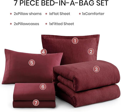 Monbix Queen Comforter Set Red, Cationic Dyeing Reversible Bedding Set 7 Pieces, All Season Bed in a Bag with Sheets, Pillowcases & Shams