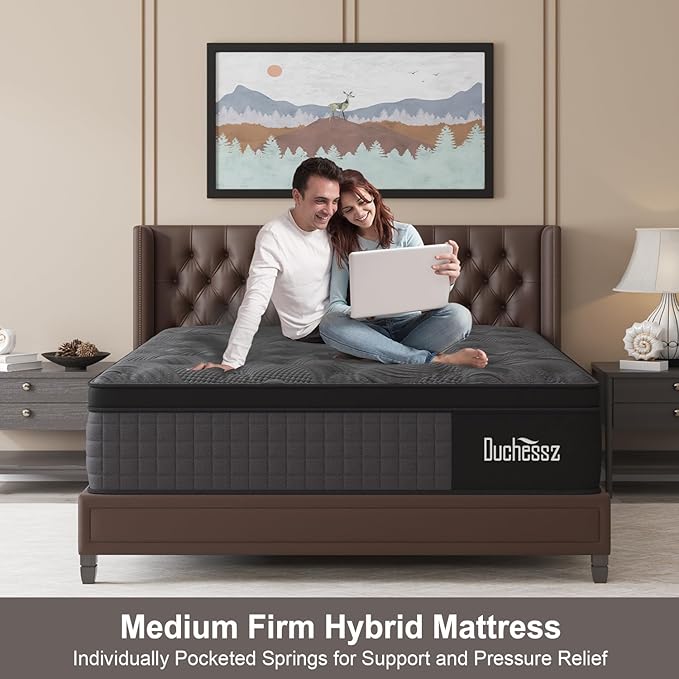 Queen Mattress, 12 Inch Hybrid Mattresses Black with Gel Memory Foam and Individually Pocket Innerspring Euro Top Medium Firm for Motion Isolation, Edge Support