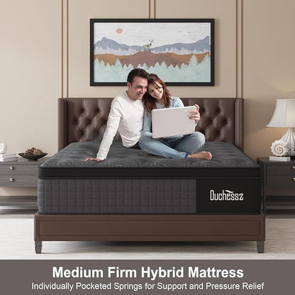 Queen Mattress, 12 Inch Hybrid Mattresses Black with Gel Memory Foam and Individually Pocket Innerspring Euro Top Medium Firm for Motion Isolation, Edge Support