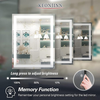 Keonjinn LED Bathroom Mirror with Lights, 28 x 36 Inch Front Lighted Vanity Mirror, HD Tempered Glass, UL-Listed LED Driver, Anti-Fog, 6000K Dimmale, Memory Function, Easy Installation
