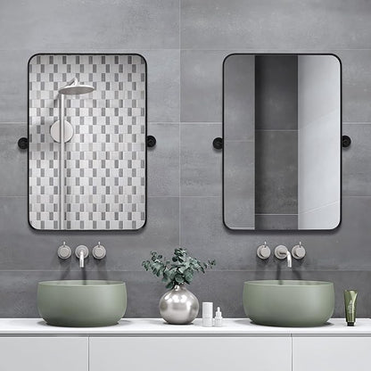 28" x 36" Pivot Rectangle Bathroom Mirror Tilting Beveled Black Metal Framed Vanity Mirrors for Wall, Tempered Glass