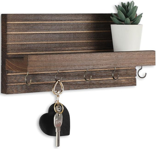Decorative Key Holder for Wall with Shelf, Entryway Shelf with Hooks Holds Leashes, Jackets and Glasses – Sturdy Wood Keyholder Entrance Hanger with Mounting Hardware (Brown, Medium)