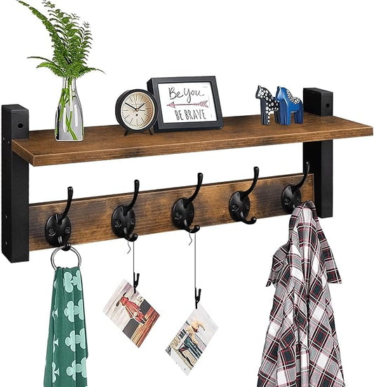Homode Wall Hooks with Shelf, Wood Coat Rack with Shelf Wall-Mounted, Entryway Hanging Shelves with 5 Metal Hooks for Clothes Hats Towel Purse Robes, Bathroom Mudroom Bedroom, Rustic Brown Black