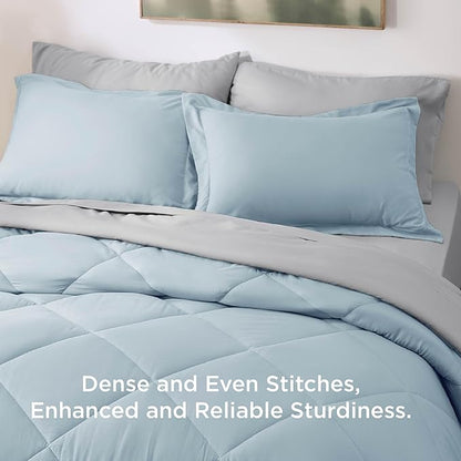 Bedsure Full Size Comforter Set - 7 Pieces Reversible Sky Blue Bedding, Full Size Bed Set for All Seasons, Bed in a Bag with Down Alternative Comforter, Sheets, Pillowcases & Shams