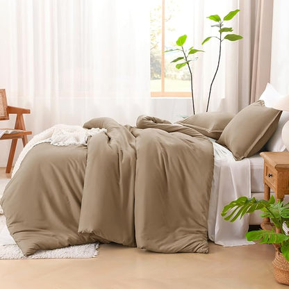 Litanika Comforters Taupe Super King Plus Size, 3 Pieces Lightweight Solid Bedding Set & Collections, All Season Fluffy Bed Set (128x120In Comforter & 2 Pillowcases)