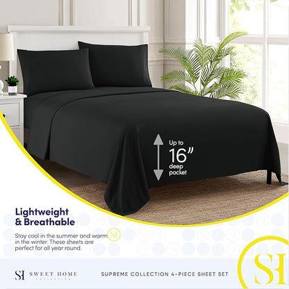 Split King Sheets - Breathable Luxury Sheets with Full Elastic & Secure Corner Straps Built In - 1800 Supreme Collection Extra Soft Deep Pocket Bedding Set, Sheet Set, Split King Size, Black