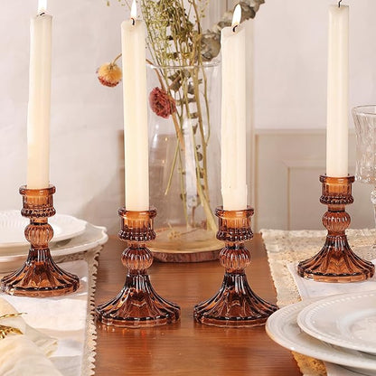 12PCS Amber Candlestick Holders Set- 4" H Taper Candle Holders, Glass Candle Holders Bulk for Wedding, Party, Fall Home Table Centerpieces, Festival Gifts & Windowsill Decor