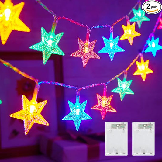 Minetom Star String Lights Battery Operated - 2 Pack 17 ft 50 LED Star Fairy String Lights with Timer, Waterproof for Indoor Bedroom Tent Loft Bed Patio Party Wedding Decor, Multi-Color