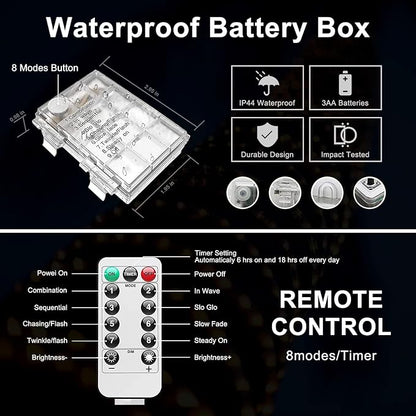 JMEXSUSS 2 Pack Christmas Lights Battery Operated Rope Lights Outdoor Waterproof Total 200LED 8 Modes Battery Powered String Lights with Remote for Car Trampoline Tree Christmas Decor (Multicolor)