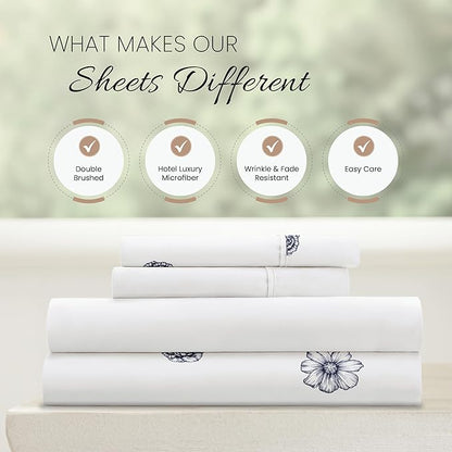 Linen Market Double-Brushed Patterned Microfiber Queen Sheet Set 4 Piece – Oeko-TEX Certified Ultra Soft & Wrinkle-Free - 16" Deep Pocket Sheets - Easy Care Queen Size - Indigo Flowers Navy