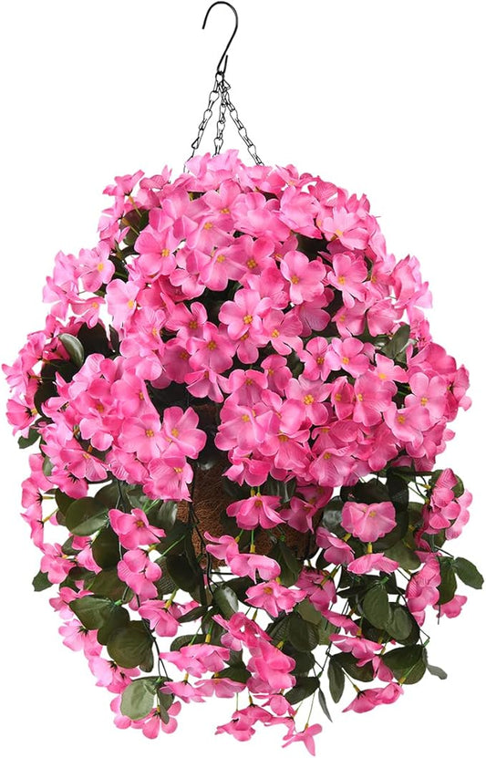 INQCMY Artificial Hanging Flowers with Basket for Garden Outdoor Spring Summer Decoration,Faux Silk Begonia in Planter Look Real UV Resistant for Home Porch Patio Balcony Yard Decor(Red)