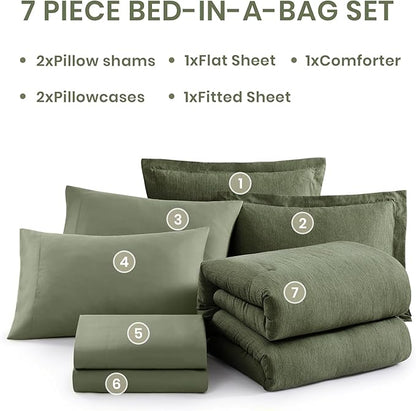 Monbix Full Size Comforter Set, Olive Green Bedding Comforter for Full Size Bed Set Reversible, Bedding Sets Full 7 Pieces, Cationic Dyeing Bed in a Bag with Comforter, Sheets, Pillowcases & Shams