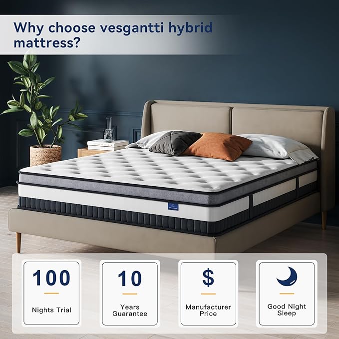 Vesgantti King Mattress 12 Inch Innerspring Multilayer Hybrid King Size Mattress - Ergonomic Design with Memory Foam and Pocket Spring Mattresses King Size - Box Top Series Medium Firm Feel