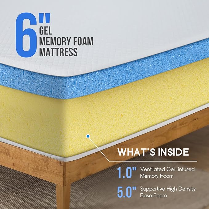 PayLessHere 6 Inch Twin Gel Memory Foam Mattress Fiberglass Free/CertiPUR-US Certified/Bed-in-a-Box/Cool Sleep & Comfy Support