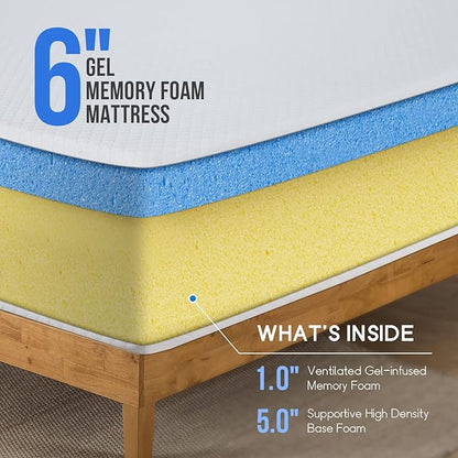 PayLessHere 6 Inch Twin Gel Memory Foam Mattress Fiberglass Free/CertiPUR-US Certified/Bed-in-a-Box/Cool Sleep & Comfy Support