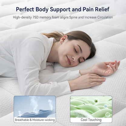 ELEMUSE King Size Dual Layer 3 Inch Memory Foam Mattress Topper, 1 Inch Plush Feel Pillow Top Mattress Topper Cover and 2 Inch Cooling High Density Memory Foam Bed Pad for Back Pain Relief