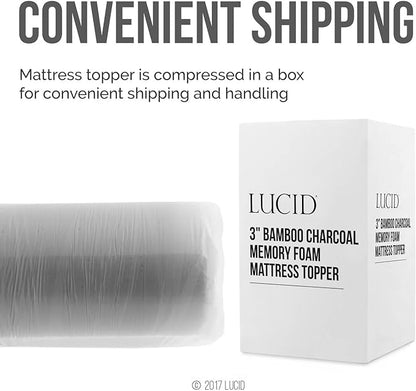 Lucid 3 Inch Ventilated Bamboo Charcoal Memory Foam Mattress Topper, CertiPUR-US Certified, Moisture and Odor Control-Queen