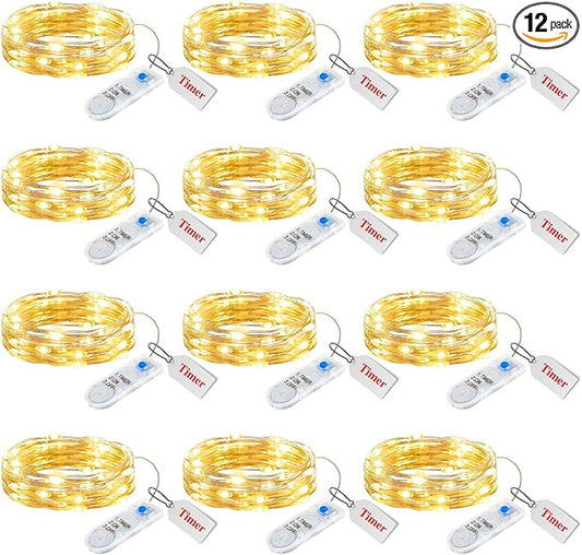Minetom 12 Pack Fairy Lights Battery Operated String Lights with Timer - 7ft 20 LED Waterproof Silver Wire Firefly Light Waterproof for DIY Crafts Wedding Décor Table Mason Jars Party