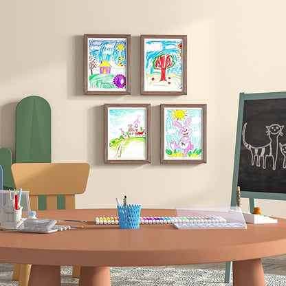 KINLINK 9x12 Kids Art Frames Set of 2, Solid Wood Kids Artwork Frames Changeable with Acrylic Front Opening Holds 150 Pictures, Art Frame for Kids Artwork with Mat or without Mat, Brown Wood