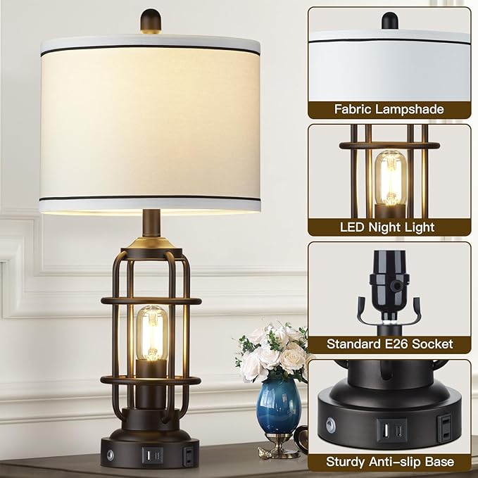 Modern Table Lamps, Industrial 3-Way Dimmable Bedside Lamp with USB A+C Ports & AC Outlet, Touch Control Rustic Nightstand Lamp LED Night Light for Living Room Bedroom Decor Home(4 Bulbs Included)