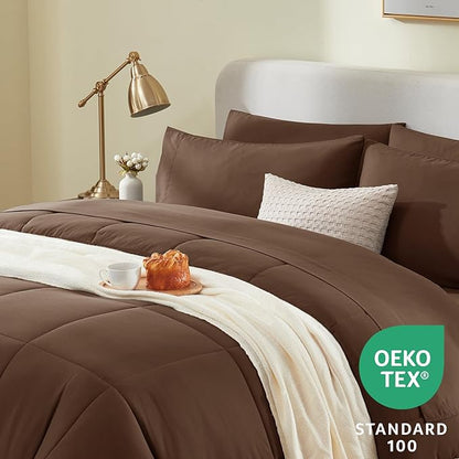 CozyLux King Size Comforter Set Brown, 7 Pieces Bed in a Bag, Brown Comforter King Size, All Season Bedding Sets with Stitch Quilted Comforter, Flat Sheet, Fitted Sheet, Pillowcases
