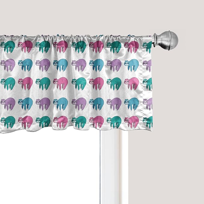 Ambesonne Funny Sloth Window Valance Pack of 2, Colorful Art Repeating Lazy Animal on Plain Backdrop, Rod Pocket Curtain Valances for Kitchen Bedroom, 42" X 18", Dark Seafoam Pink