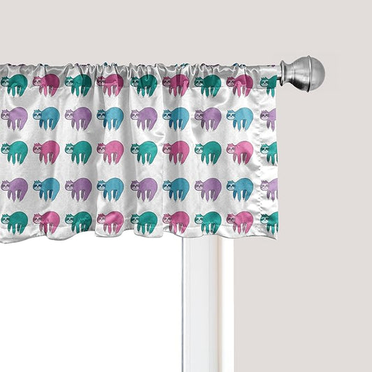 Ambesonne Funny Sloth Window Valance, Colorful Art Repeating Lazy Animal on Plain Backdrop, Curtain Valance for Kitchen Bedroom Decor with Rod Pocket, 42" x 18", Dark Seafoam Pink