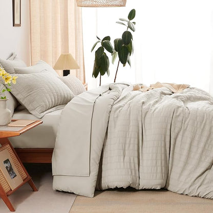 CozyLux Twin XL Comforter Set with Sheets Seersucker Beige 5 Pieces Bed in a Bag, Twin Extra Long Luxury Soft Bedding Sets for College Dorm with Down Alternative Comforter, Sheets, Pillowcases & Shams