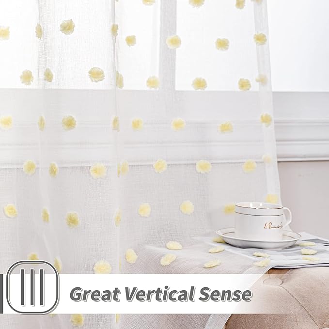 MYSKY HOME Short Curtains for Small Window - 45 Inch Long Pom Pom Sheer Curtains for Bedroom, Living Room, Kitchen, Nursery - Yellow Cafe Panels with Rod Pocket - 2 Sets Voile - 52 x 45 in