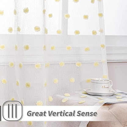 MYSKY HOME Short Curtains for Small Window - 45 Inch Long Pom Pom Sheer Curtains for Bedroom, Living Room, Kitchen, Nursery - Yellow Cafe Panels with Rod Pocket - 2 Sets Voile - 52 x 45 in