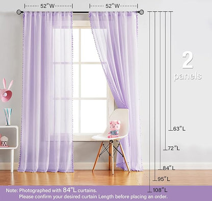 Treatmentex Pom Pom Sheer Curtains for Bedroom 95inches Long Linen Textured Window Voile Drapes Lilac Rod Pocket 1 Pair