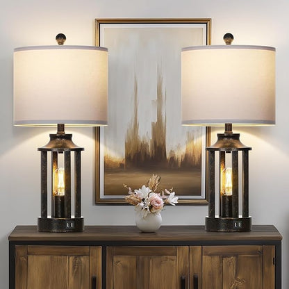 Farmhouse Table Lamps Set of 2, Vintage Living Room Lamps with 2 USB Ports, 3 Way Dimmable Touch Control Bedroom Lamp with 2 LED Nightlight, 23.5" Bedside Lamp for Nightstand Side End Table, Bronze