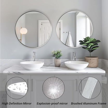Silver Round Mirror 24 inch, Circle Mirror with Metal Frame, Silver Circle Mirrors for Living Room, Bathroom, Wall, Hallway.