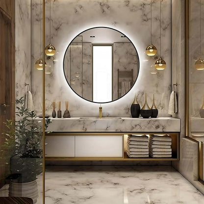 26" Round LED Bathroom Mirror, Wall Mounted Backlit Vanity Mirror with 45° Beveled Frame Lighted Mirror for Bedroom, Fog Free 3-Color Dimmable Lights Memory Function, Black