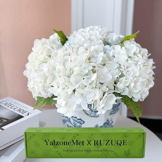 YalzoneMet 4Pcs Real Touch Hydrangea White Artificial Flowers 21'' Faux Latex Big Hydrangea Flowers for Wedding Table Centerpieces Fake Flowers for Party Home Kitchen Living Room Decor