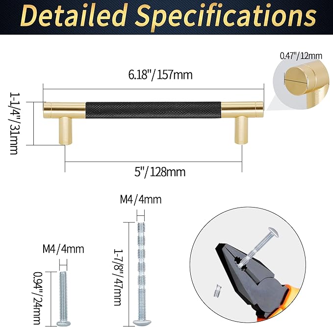 Knurled Cabinet Pulls 6 Pack, 6 Inch Long Cabinet Handles Metal Door Pulls, Kitchen Drawer Pull Knurled Dresser Handles - 5" Hole to Hole, Black & Gold