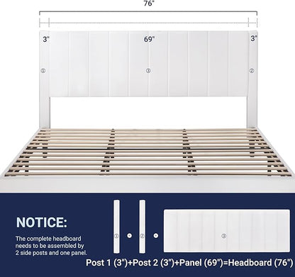 Allewie King Bed Frame/Velvet Upholstered Bed Frame with Vertical Channel Tufted Headboard/Strong Wooden Slats/Platform Bed Frame/Mattress Foundation/Box Spring Optional/Easy Assembly/White
