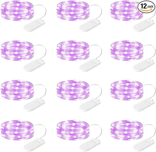 12-Pack LED Fairy Lights 7 Feet Battery Powered Waterproof Silver Wire 20 Slim Copper Wire Pastel Lights for DIY Wedding Party Bedroom Patio Easter Christmas (Purple)