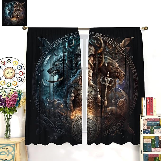 Cool Norse Viking Theme Curtains,Fantasy Ancient Symbols Wildlife Wolf Nordic Vikings Window Drapes Thermal Insulated Rod Pocket Blackout Drapes for Bedroom 2 Panels 63L x 36W
