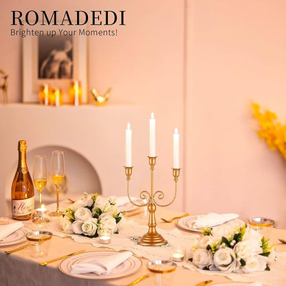Romadedi Candelabra Gold Candle Holders - 3 Arm 11.8" Wedding Candlestick Holder for Theme Party Table Centerpiece Decor Dining Room Birthday Holiday Christmas, Set of 2